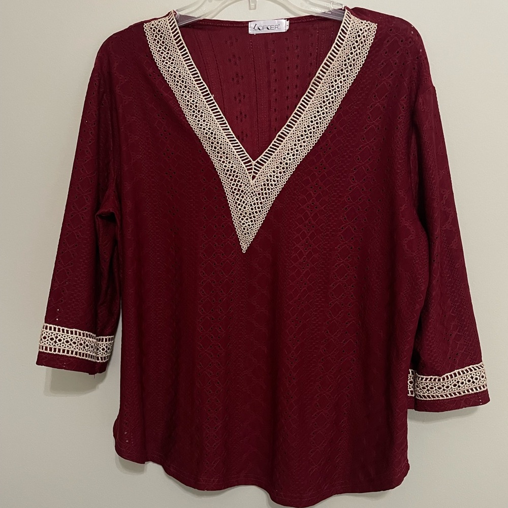 Liefoer Burgundy Lace‎ V-Neck Blouse~ Size Large ~ Great for the Holidays
